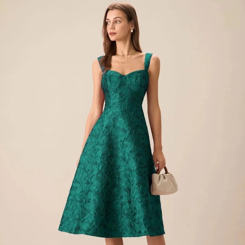 NWT Rihos Green Sweetheart Neck Jacquard Midi Dress, Small